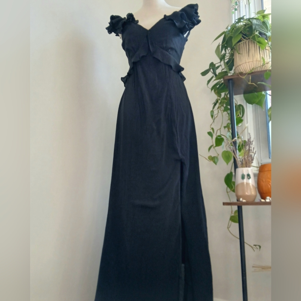Francesca's- Blue Rain- Black- Ruffle- Backless-Maxi Dress- Size XS